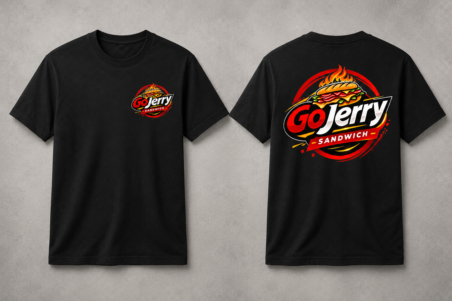 Black GoJerry branded T-shirts shown from the front and back